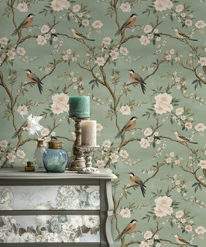 Soft Sage Green Bird and Cherry Blossom Wallpaper
