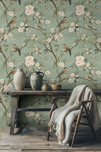 Soft Sage Green Bird and Cherry Blossom Wallpaper