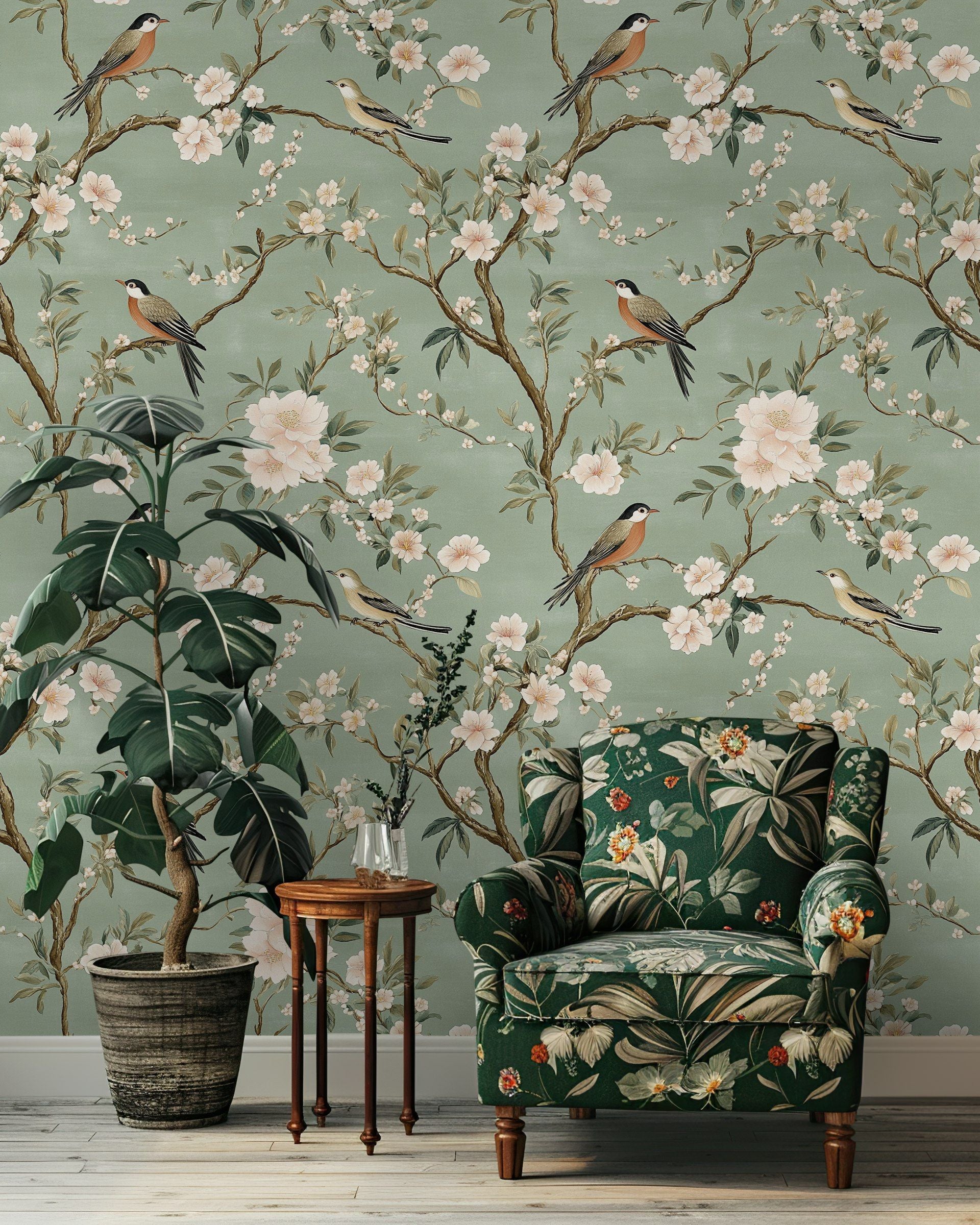 Soft Sage Green Bird and Cherry Blossom Wallpaper