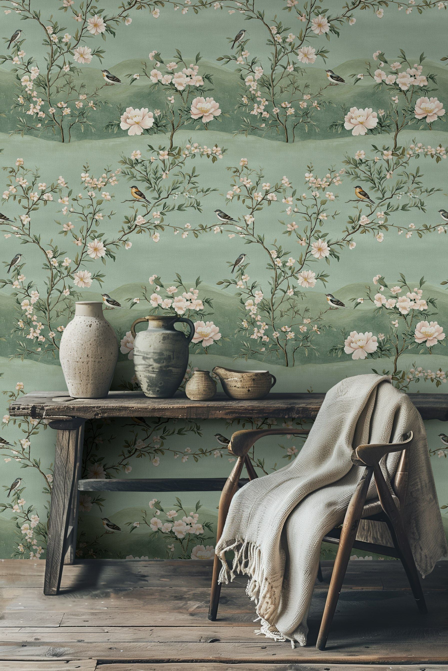 Pastel Green Cherry Blossom and Bird Wallpaper