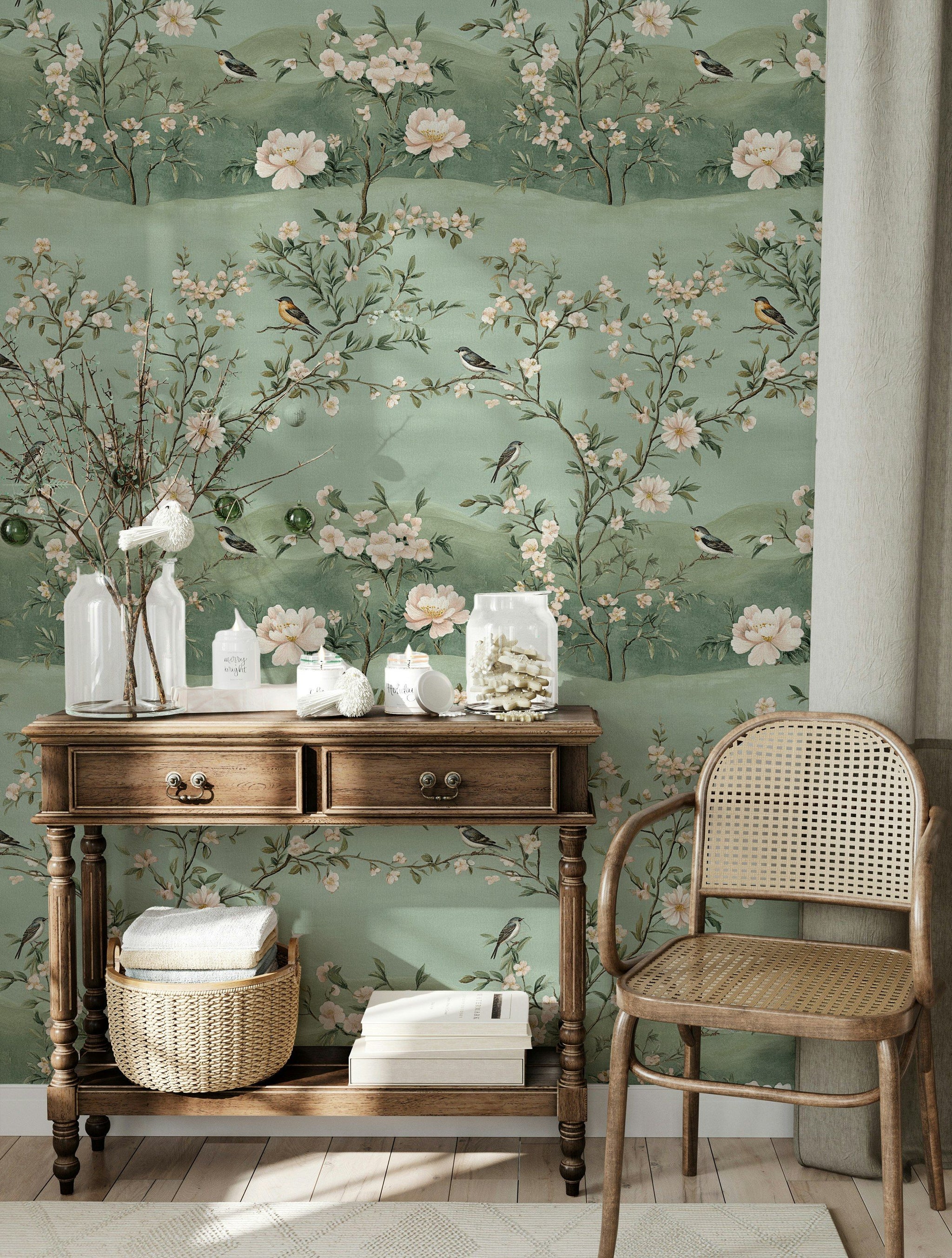 Pastel Green Cherry Blossom and Bird Wallpaper