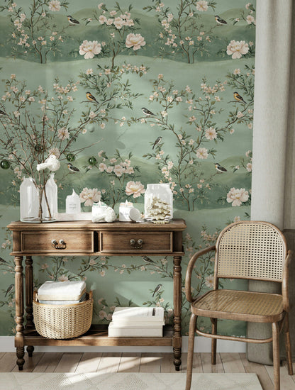 Pastel Green Cherry Blossom and Bird Wallpaper