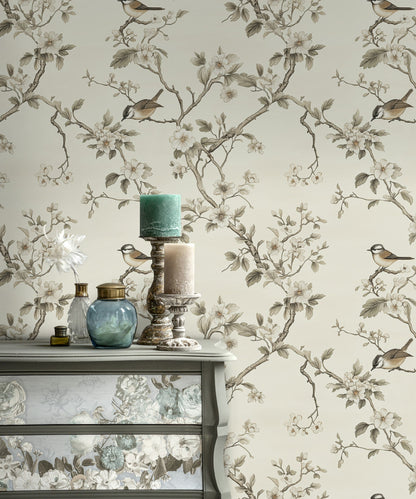 Cream Cherry Blossom and Bird Motif Wallpaper