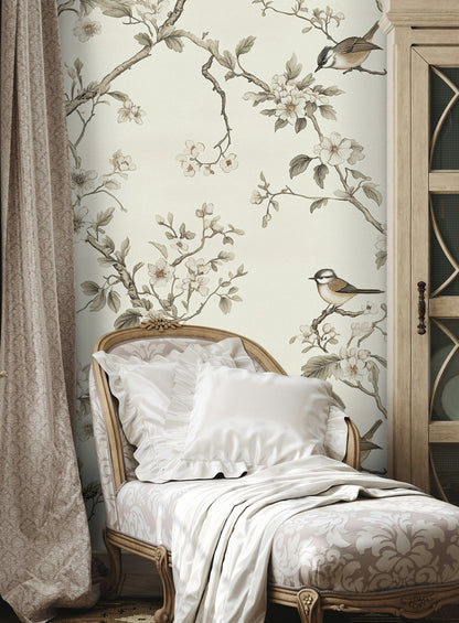 Cream Cherry Blossom and Bird Motif Wallpaper