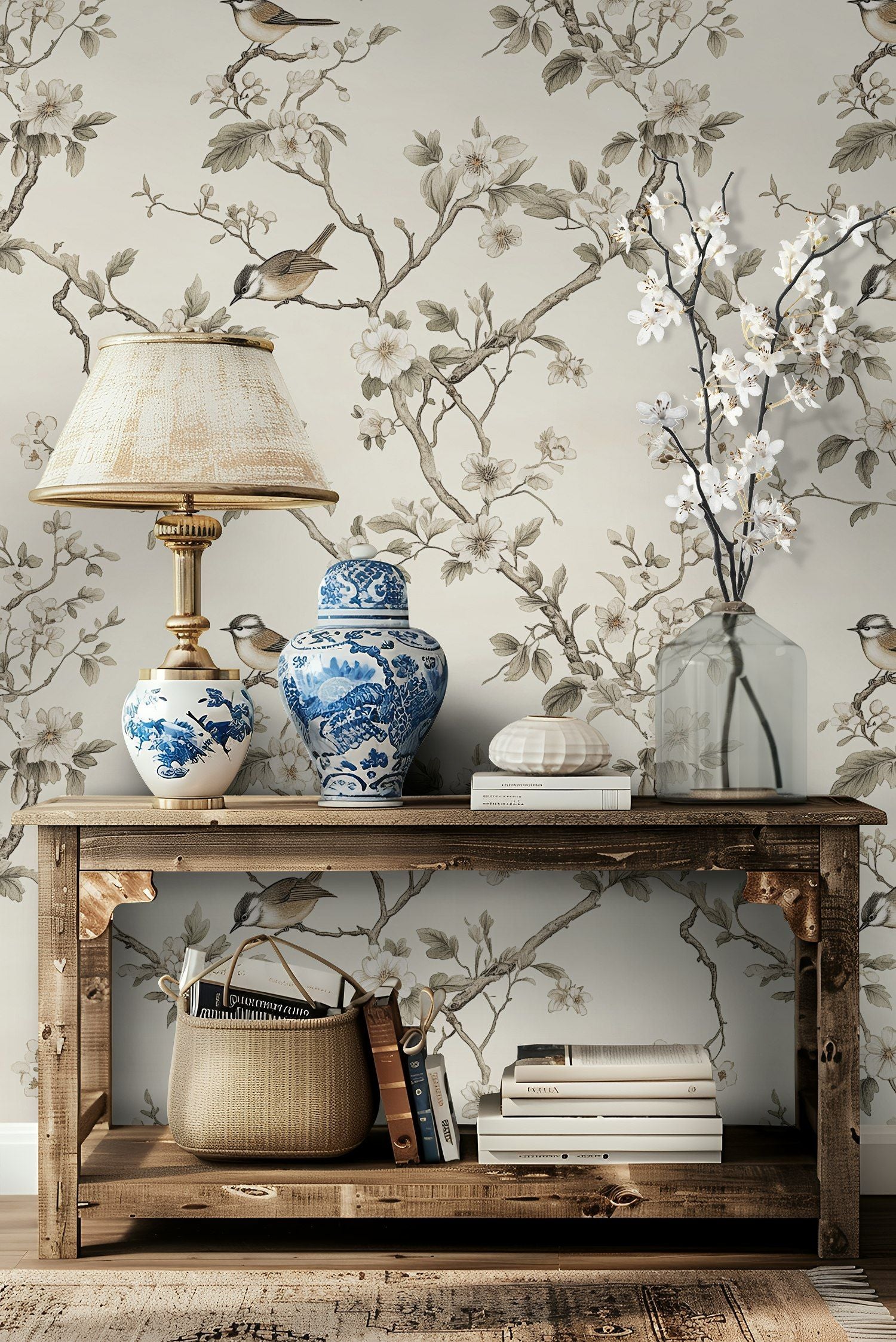 Cream Cherry Blossom and Bird Motif Wallpaper