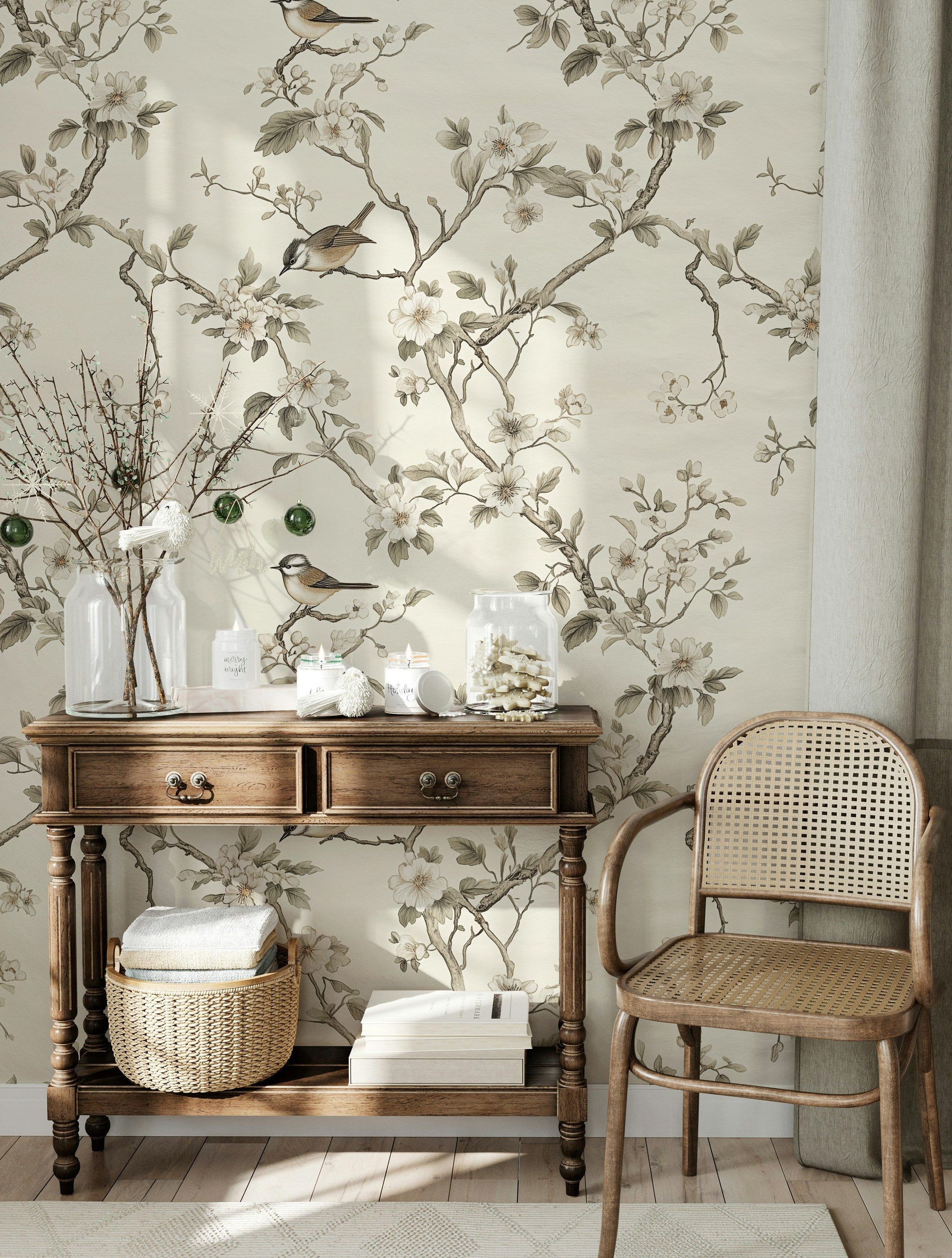 Cream Cherry Blossom and Bird Motif Wallpaper