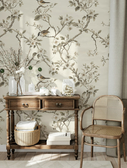 Cream Cherry Blossom and Bird Motif Wallpaper