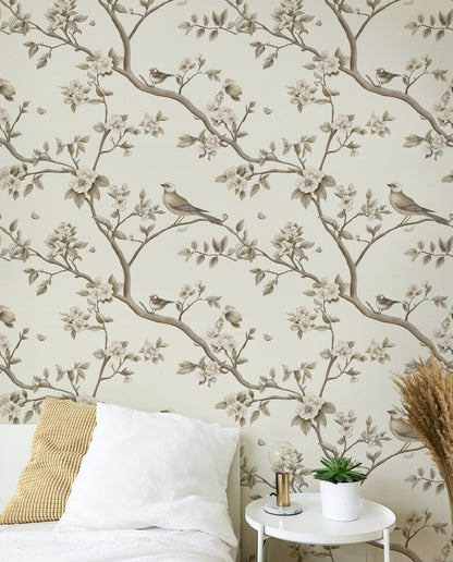 Cream and Taupe Vintage Bird Floral Wallpaper – Ready-to-Ship Outlet