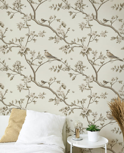 Cream and Taupe Vintage Bird Floral Wallpaper