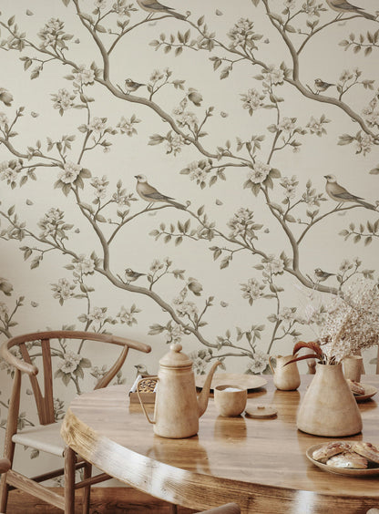 Cream and Taupe Vintage Bird Floral Wallpaper