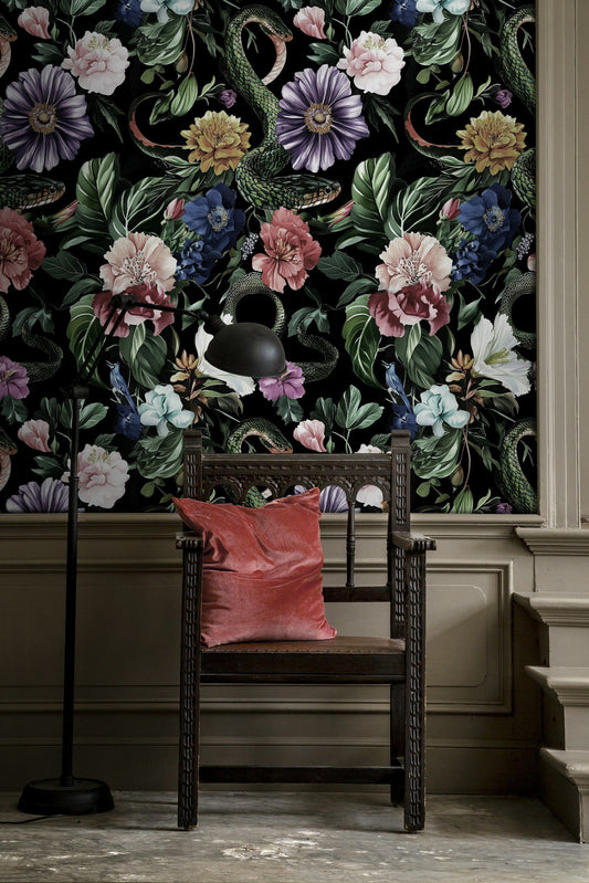 Dark Botanical Snake and Flower Wallpaper Gothic  Wall Mural