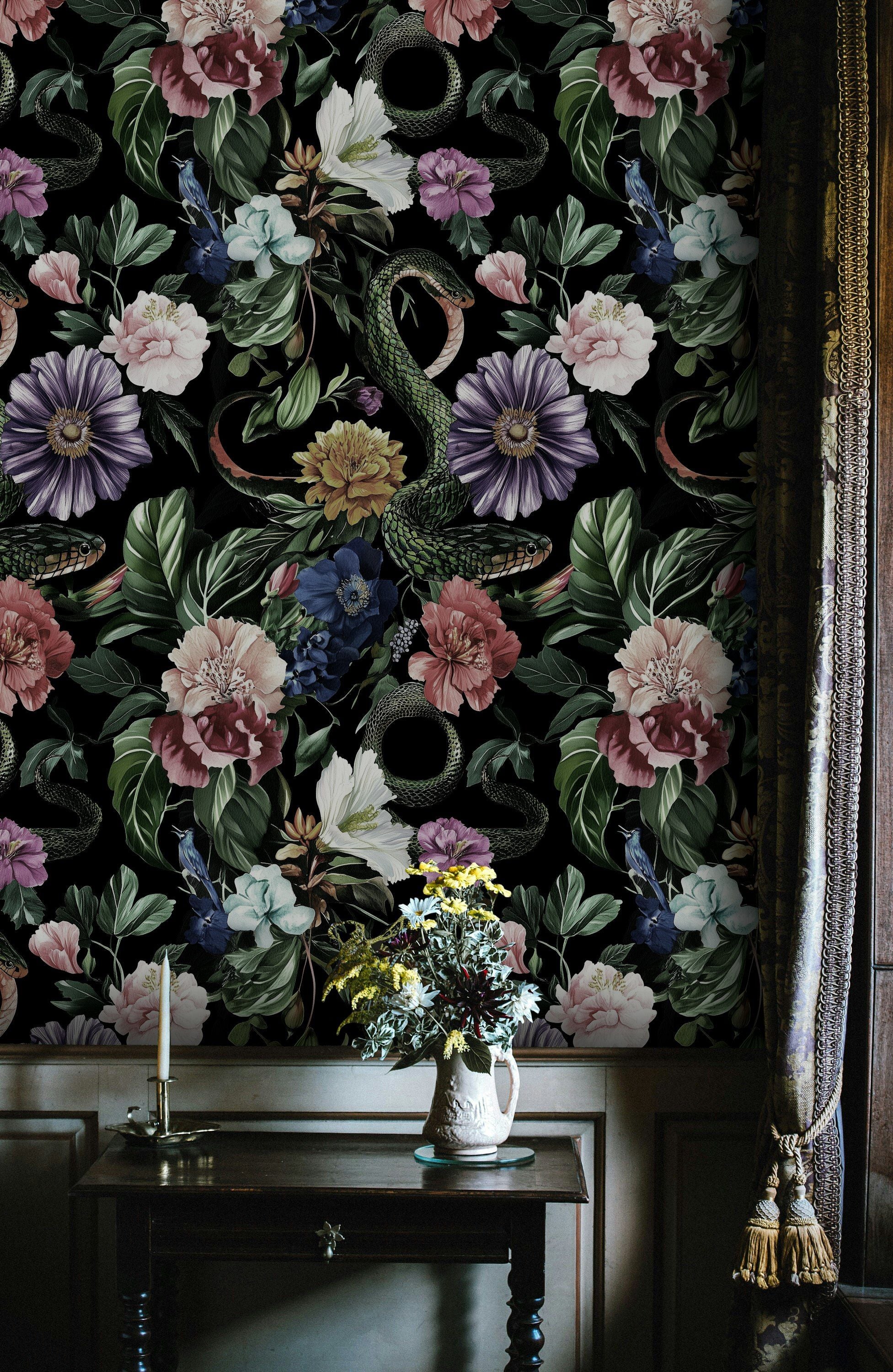 Midnight Black Lush Floral and Serpent Wallpaper