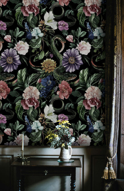 Midnight Black Lush Floral and Serpent Wallpaper