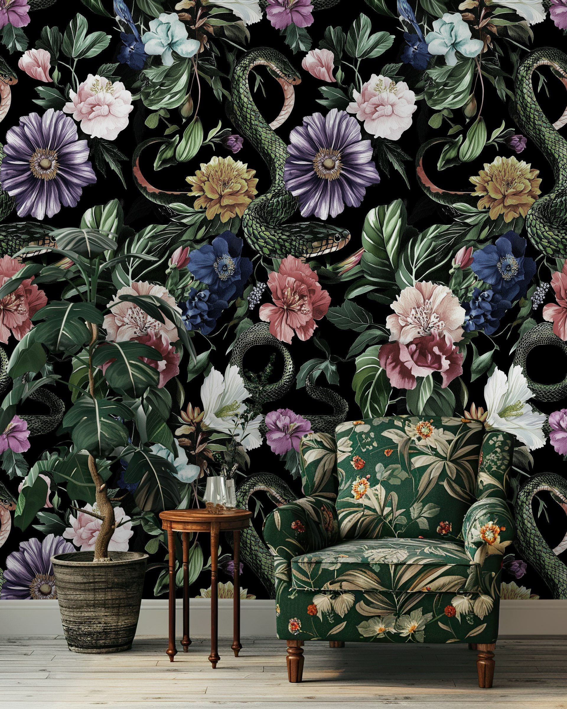 Midnight Black Lush Floral and Serpent Wallpaper