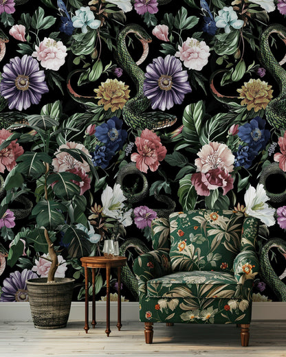 Midnight Black Lush Floral and Serpent Wallpaper
