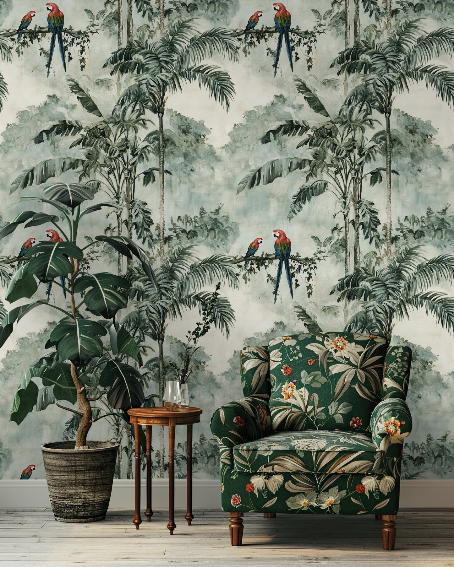 Exotic Green Jungle Parrots Wallpaper Tropical Wall Mural
