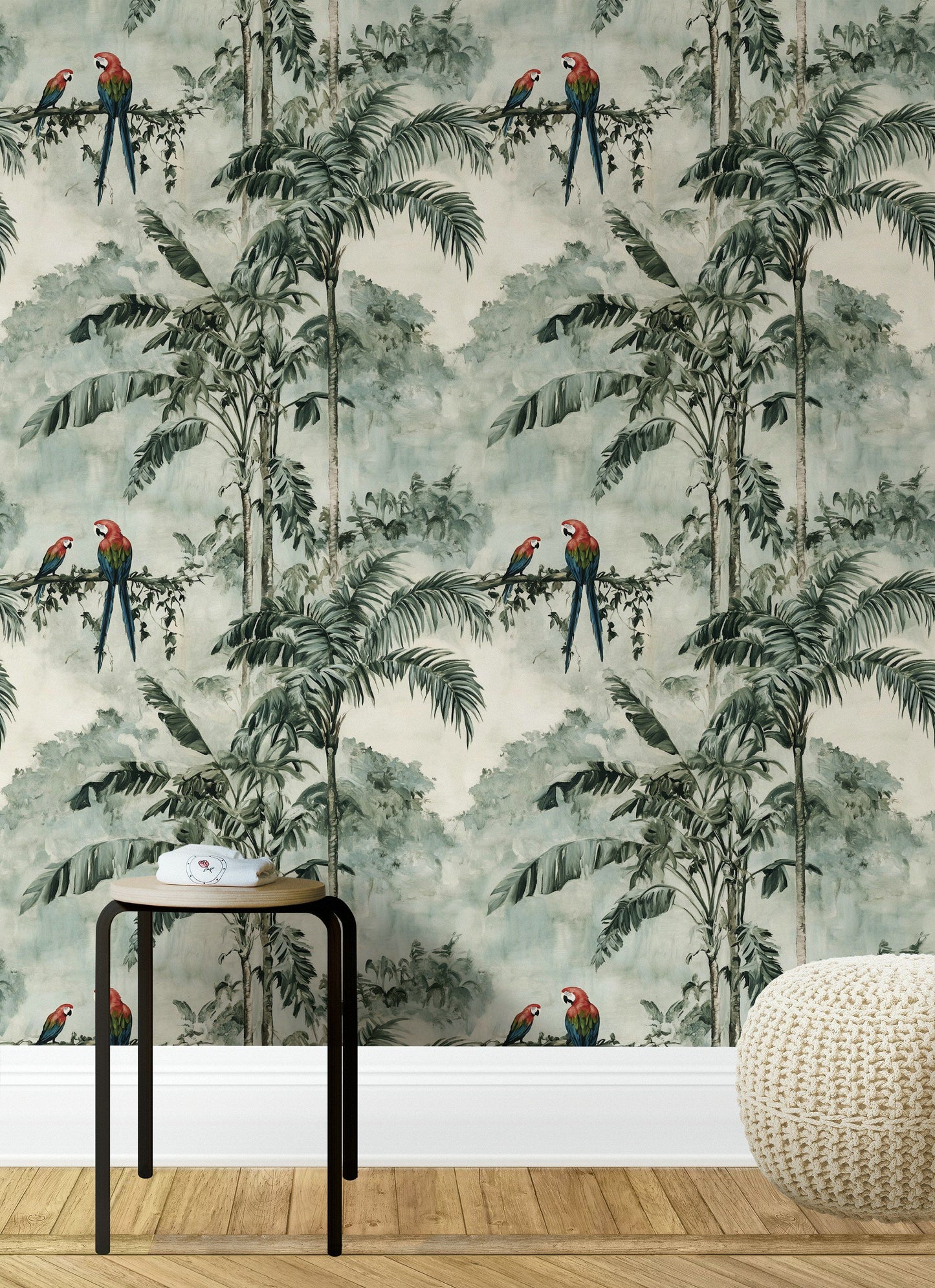 Exotic Green Jungle Parrots Wallpaper Tropical Wall Mural