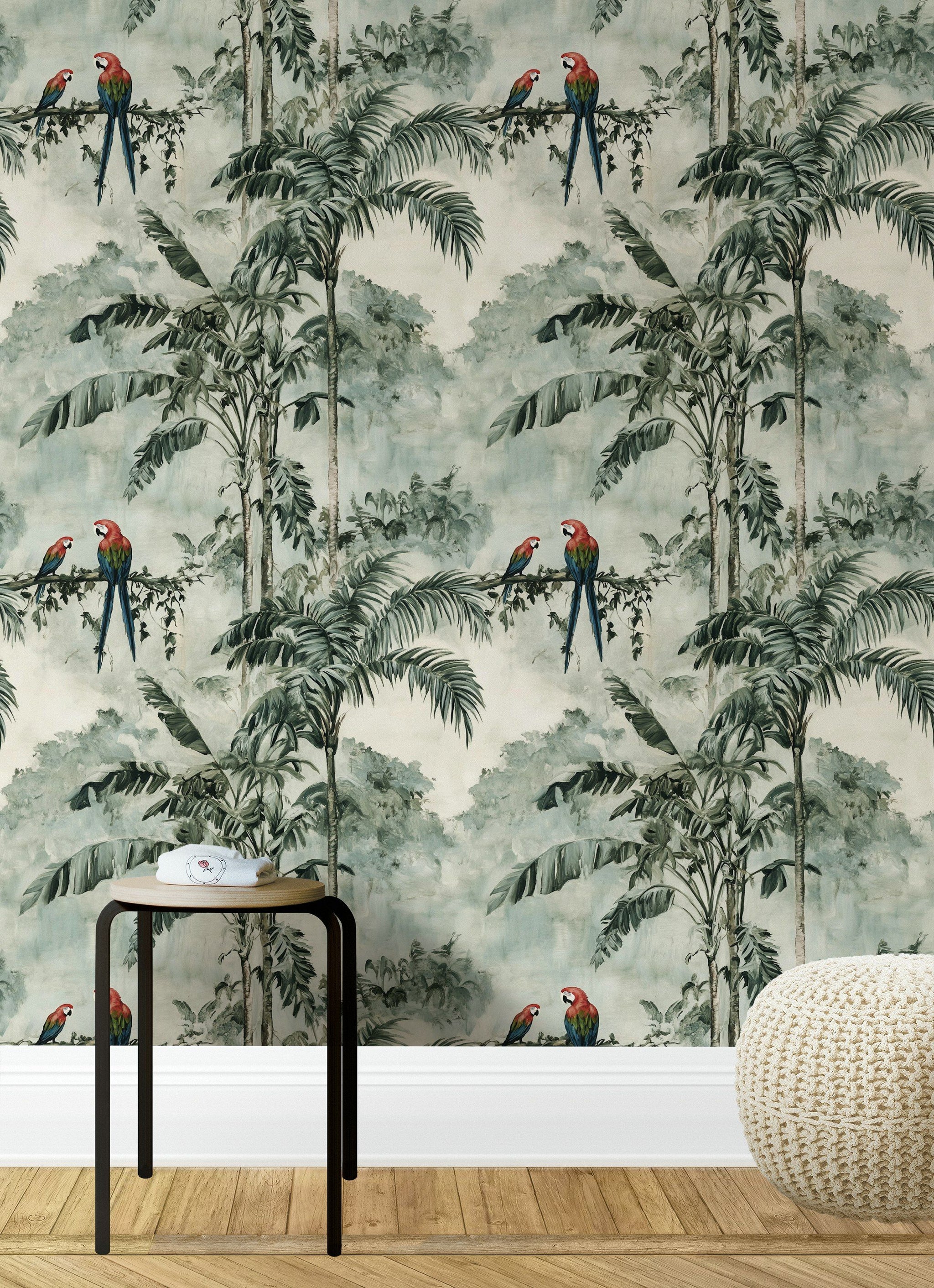 Cream Tropical Parrot and Palm Leaf Wallpaper