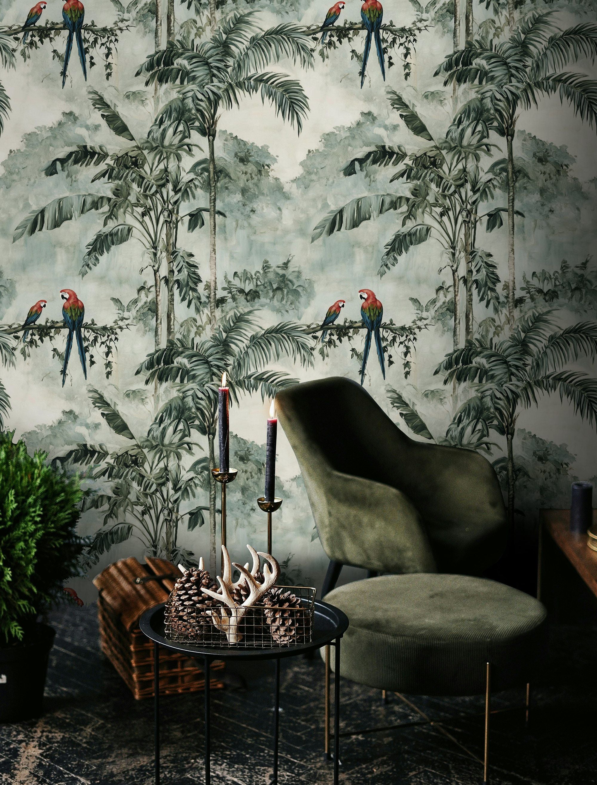 Cream Tropical Parrot and Palm Leaf Wallpaper