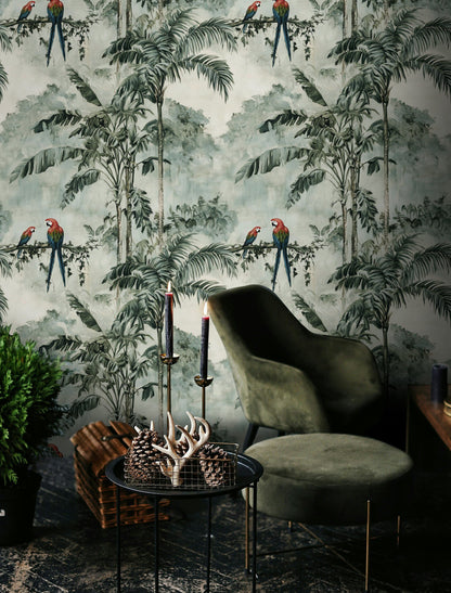 Cream Tropical Parrot and Palm Leaf Wallpaper