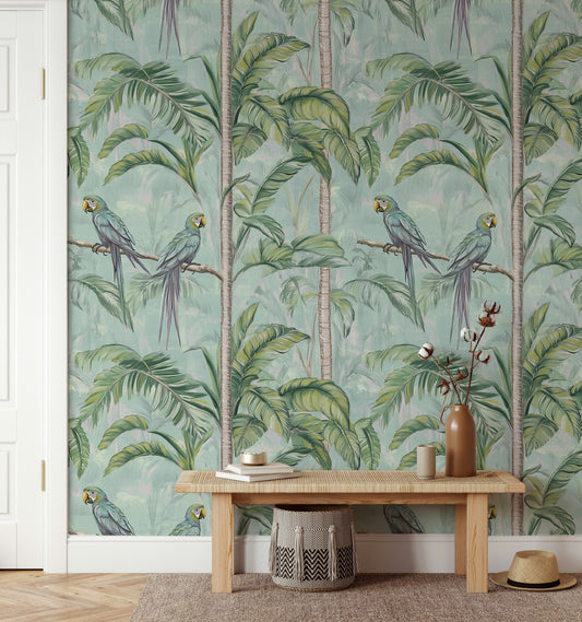 Tropical Parrots and Palm Trees Wallpaper Green Jungle Roll