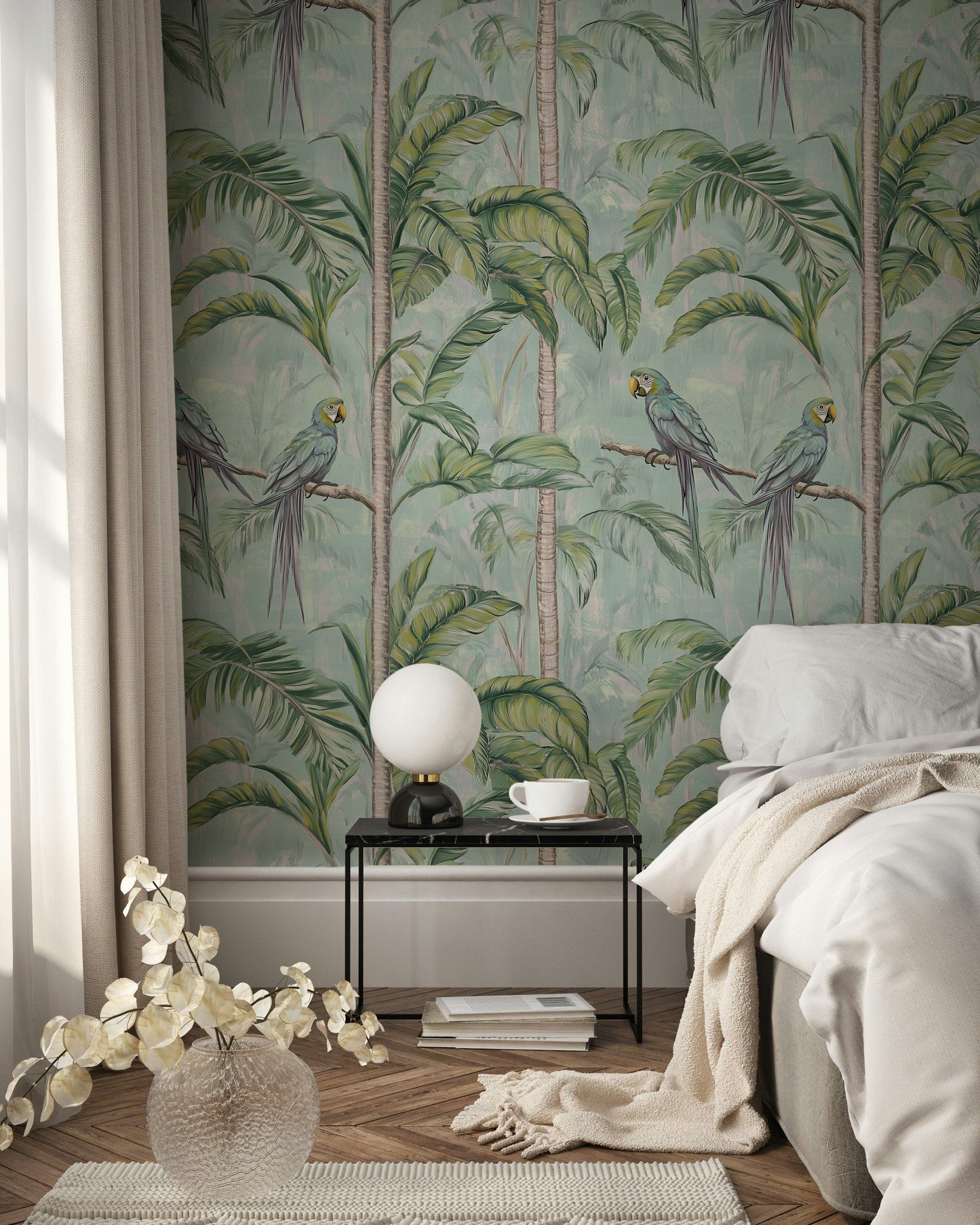 Tropical Parrots and Palm Trees Wallpaper Green Jungle Roll