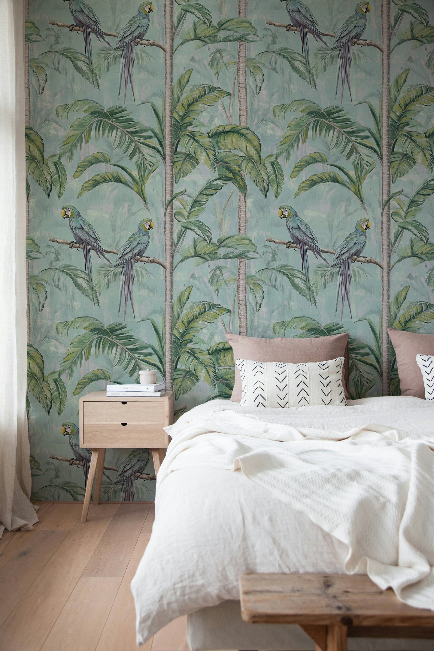 Tropical Parrots and Palm Trees Wallpaper Green Jungle Roll