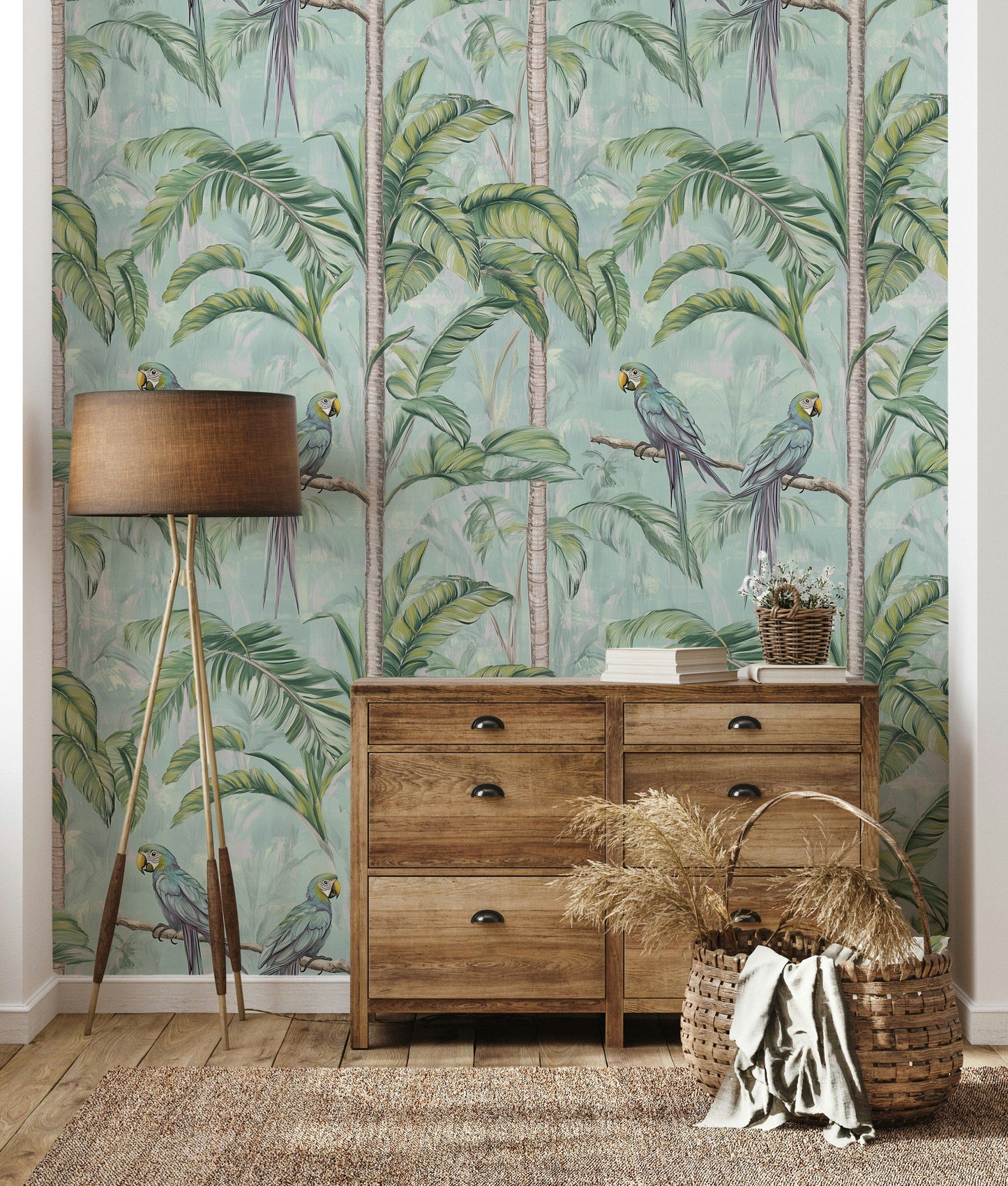 Tropical Parrots and Palm Trees Wallpaper Green Jungle Roll