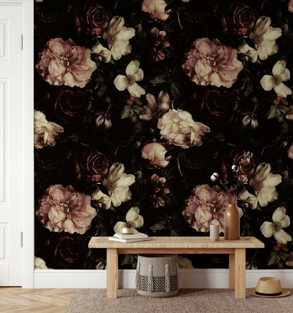 Moody Black and Cream Rose Floral Wallpaper