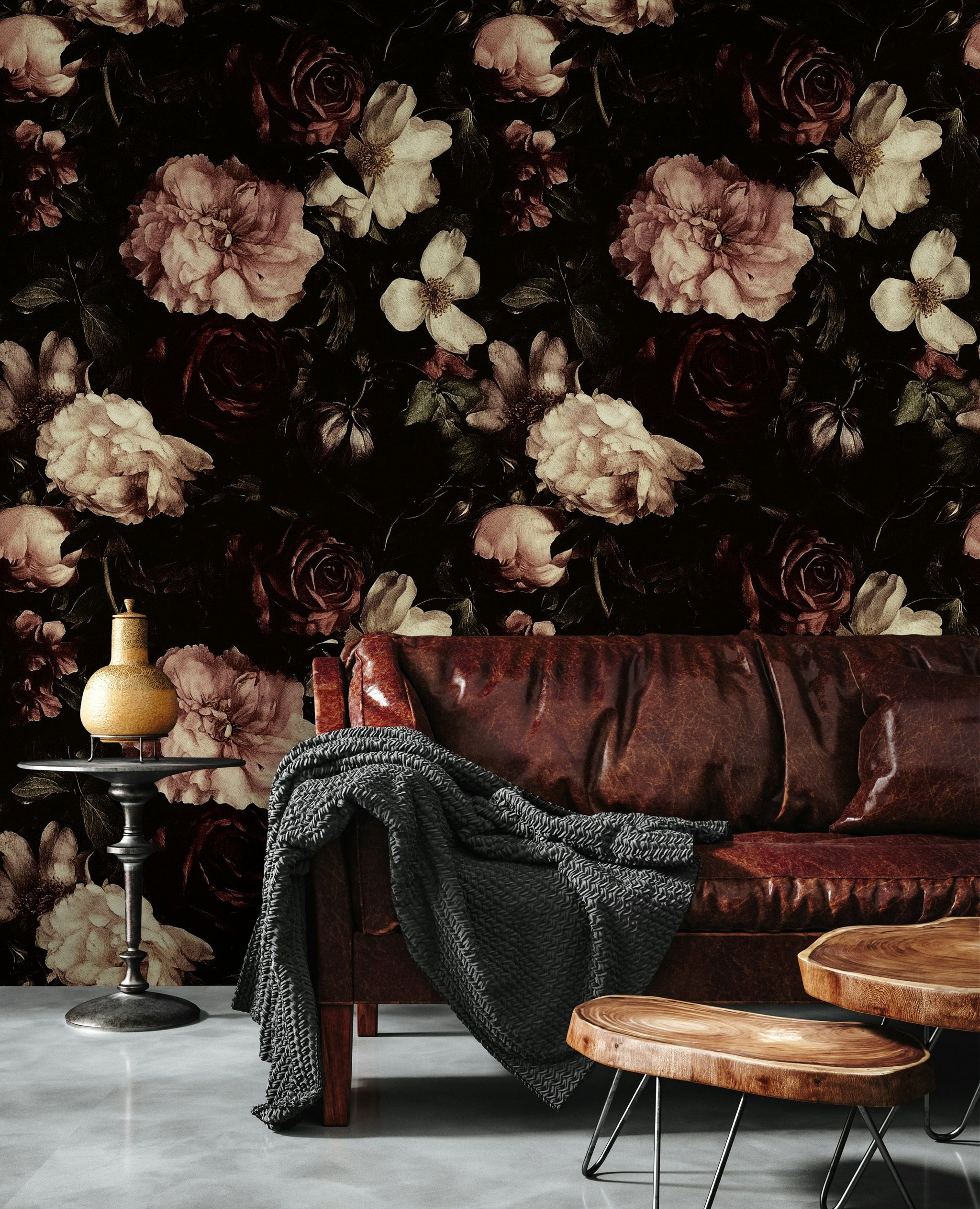 Moody Black and Cream Rose Floral Wallpaper