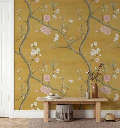 Golden Look Chinoiserie Cherry Blossom Wallpaper
