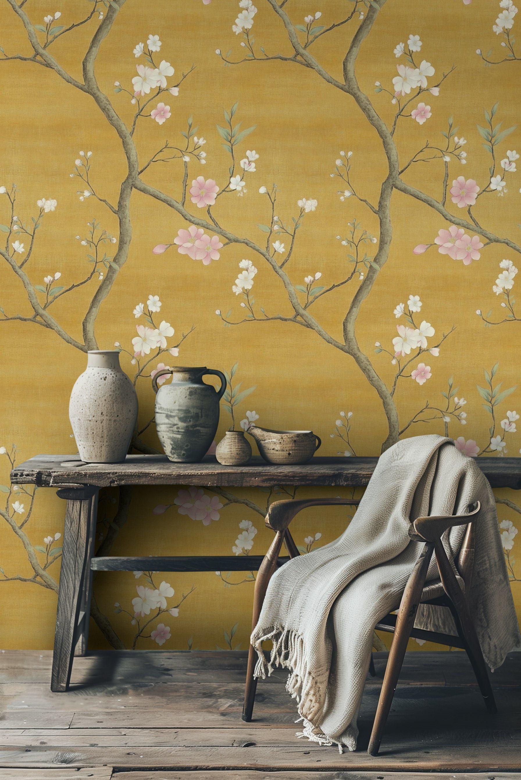 Golden Look Chinoiserie Cherry Blossom Wallpaper
