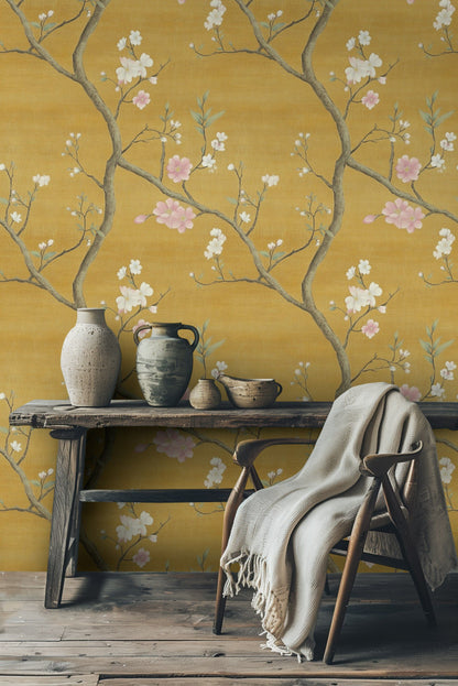 Golden Look Chinoiserie Cherry Blossom Wallpaper