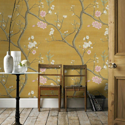 Golden Look Chinoiserie Cherry Blossom Wallpaper