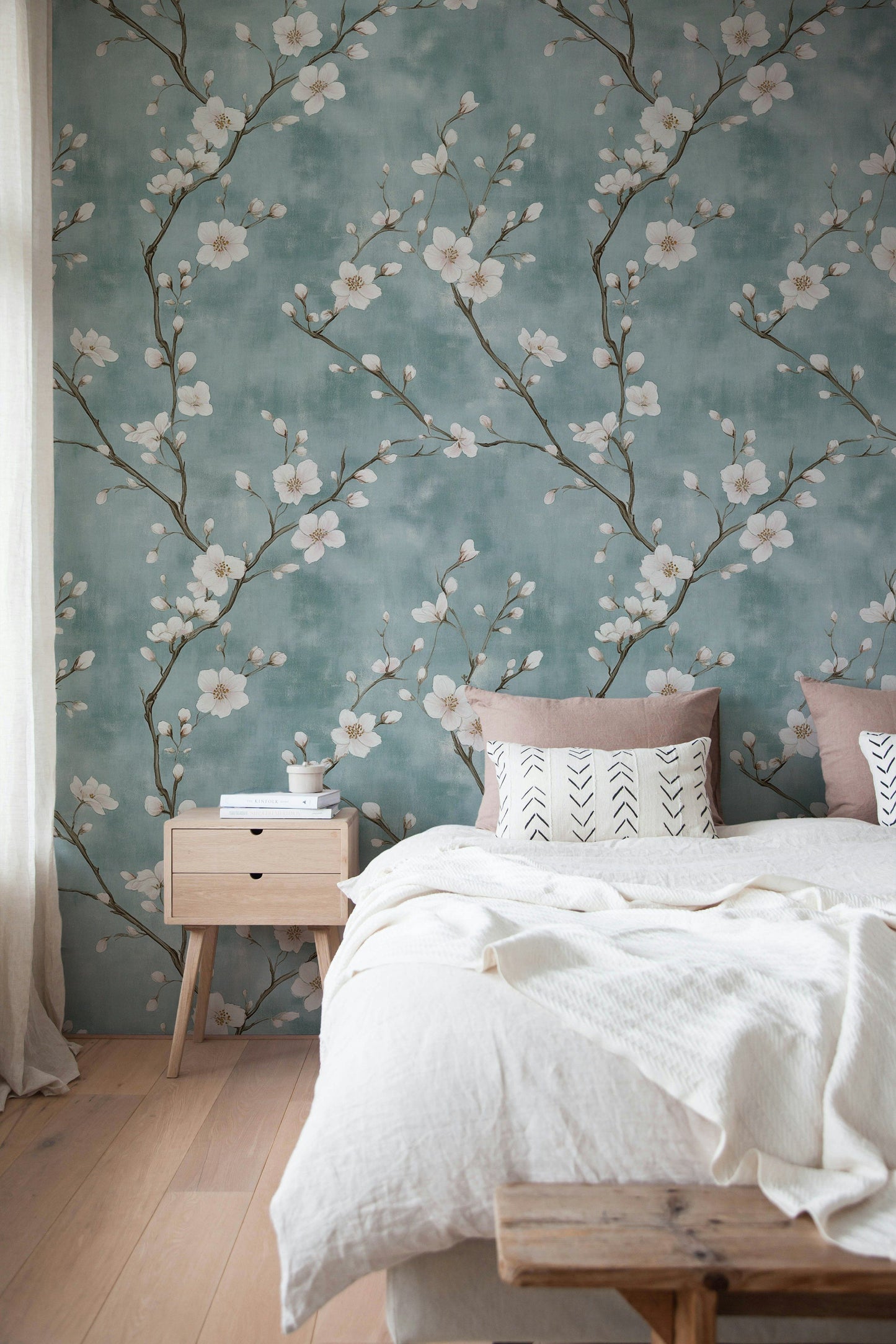 Chinoiserie Floral Wallpaper White Blossoms Aqua Background
