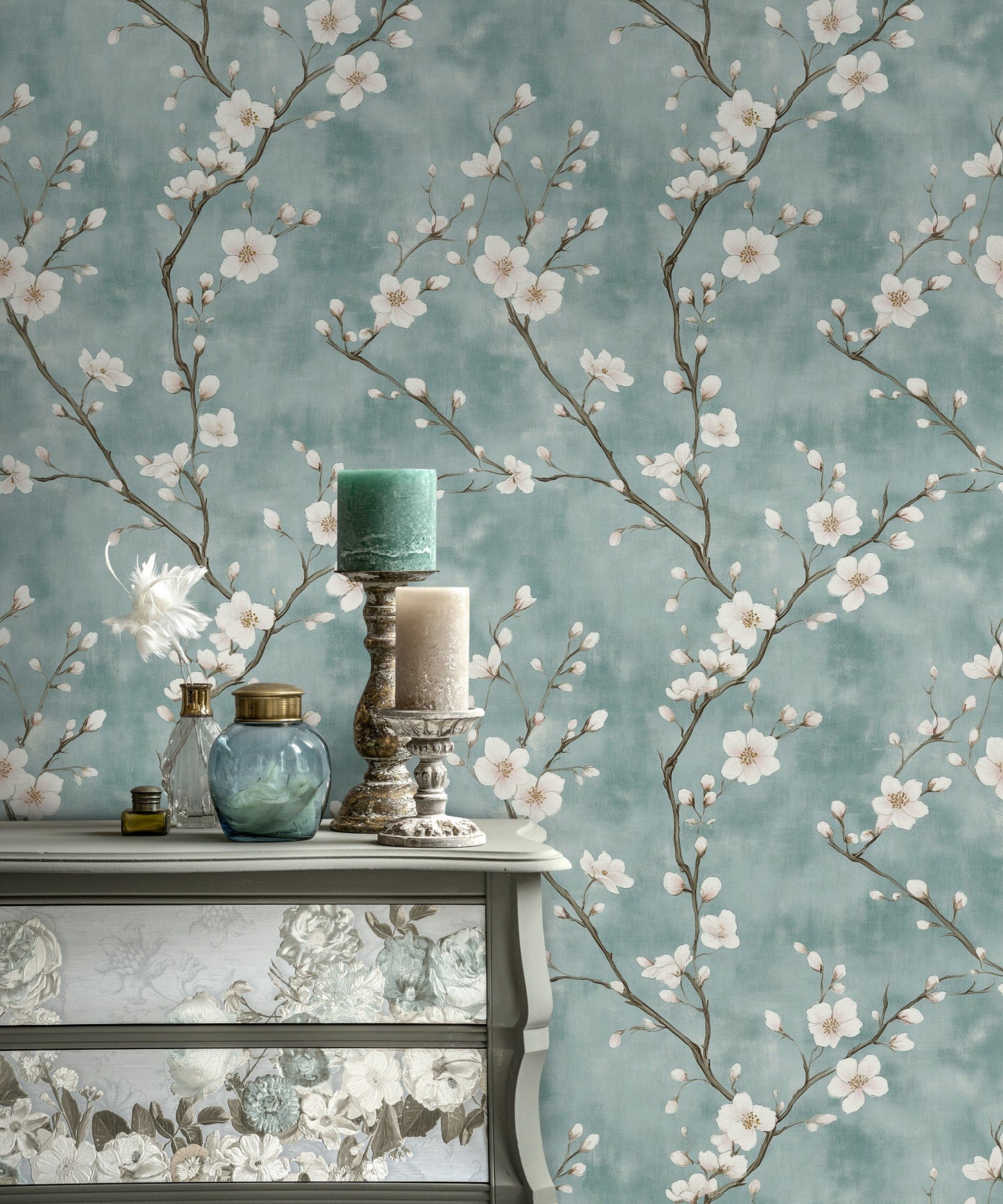 Chinoiserie Floral Wallpaper White Blossoms Aqua Background