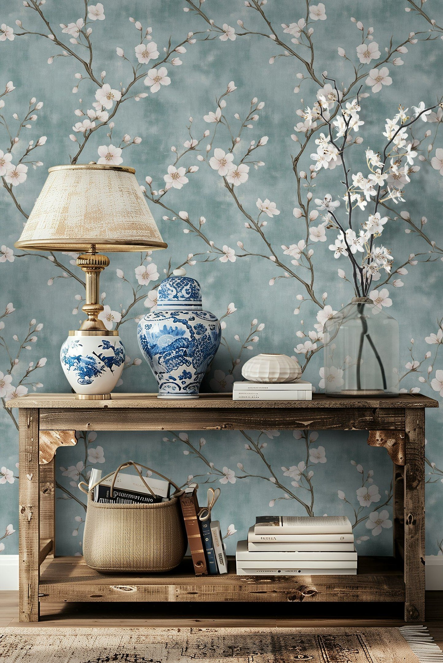 Chinoiserie Floral Wallpaper White Blossoms Aqua Background
