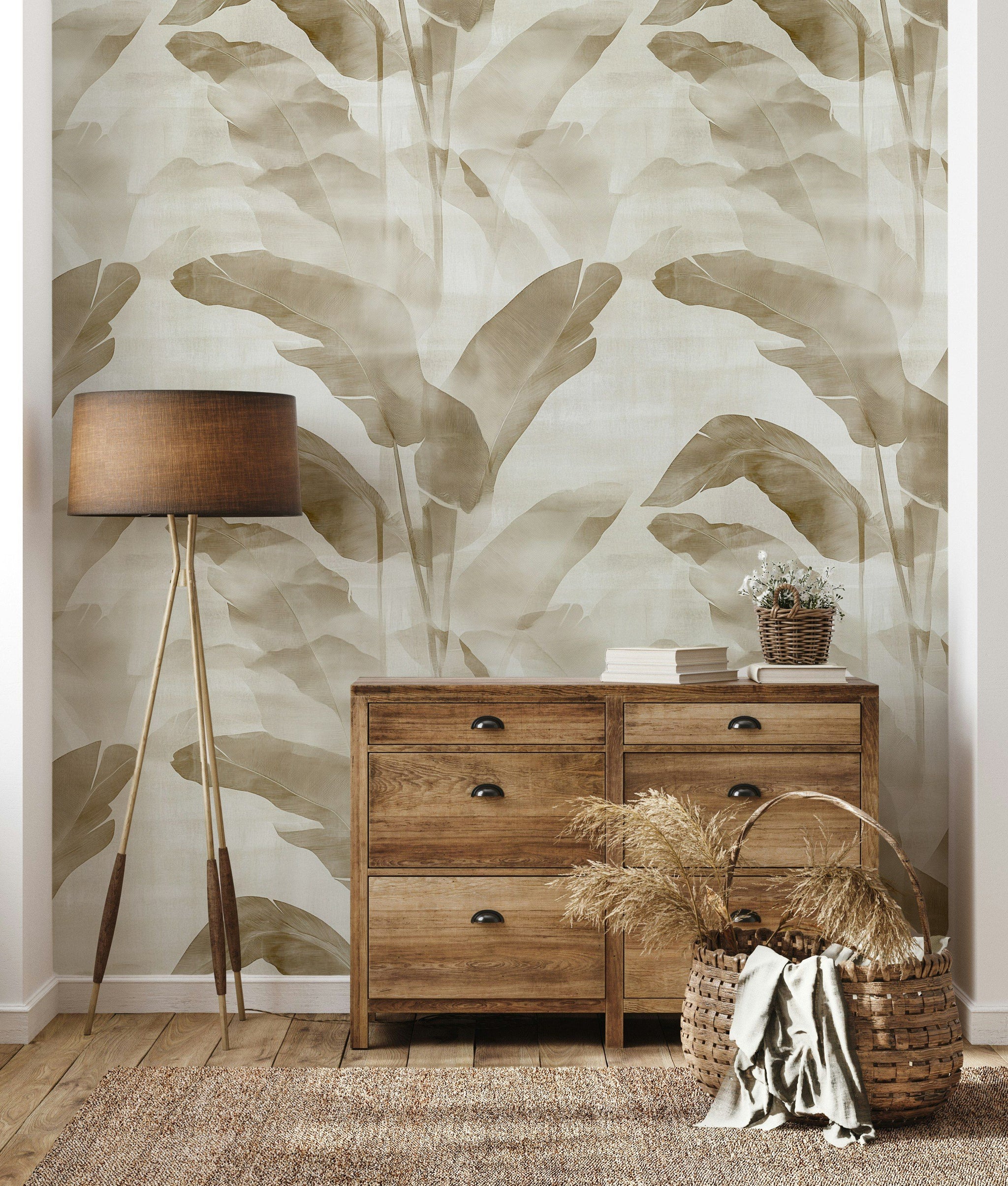 Beige and Brown Banana Leaf Botanical Wallpaper