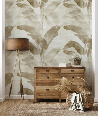 Beige and Brown Banana Leaf Botanical Wallpaper