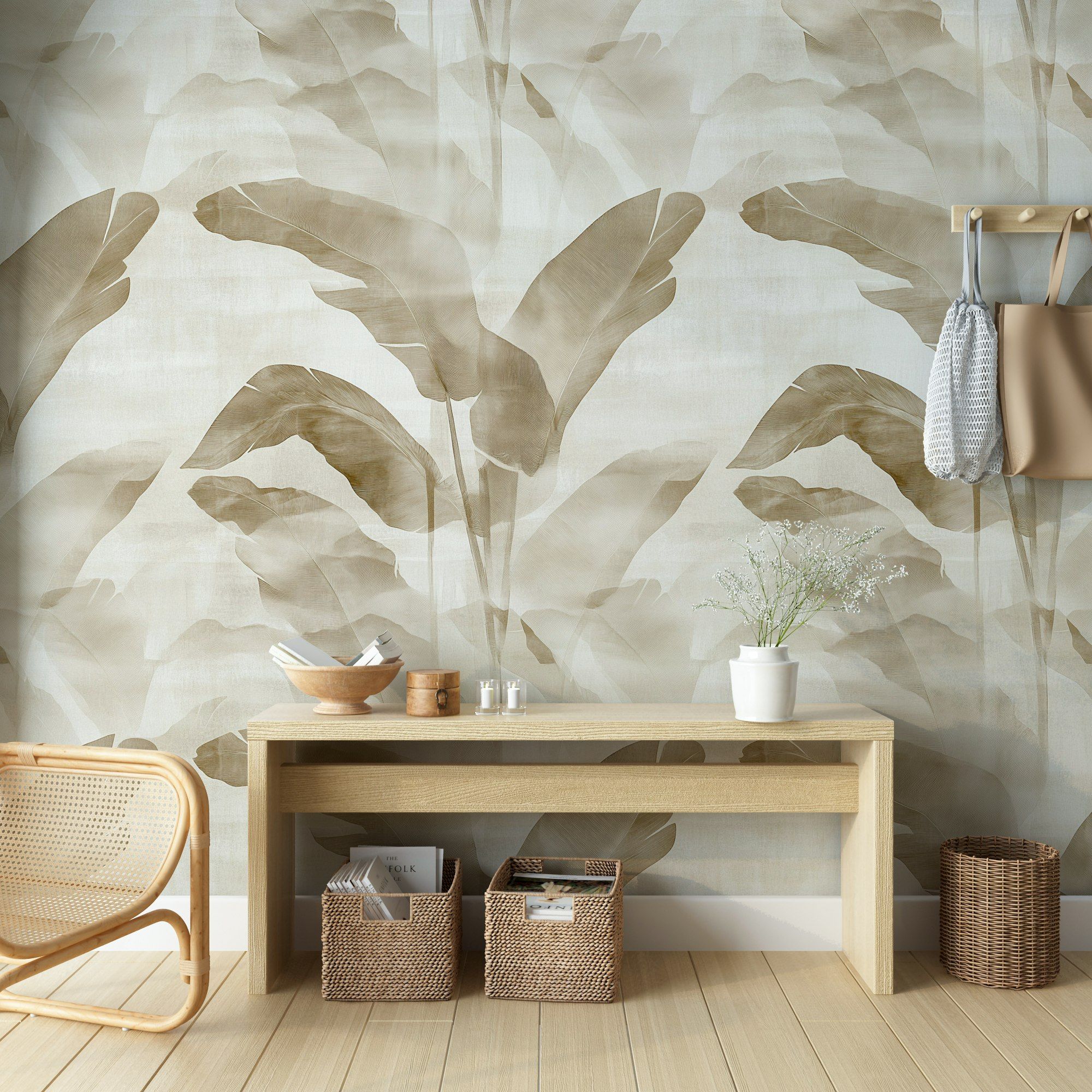 Beige and Brown Banana Leaf Botanical Wallpaper