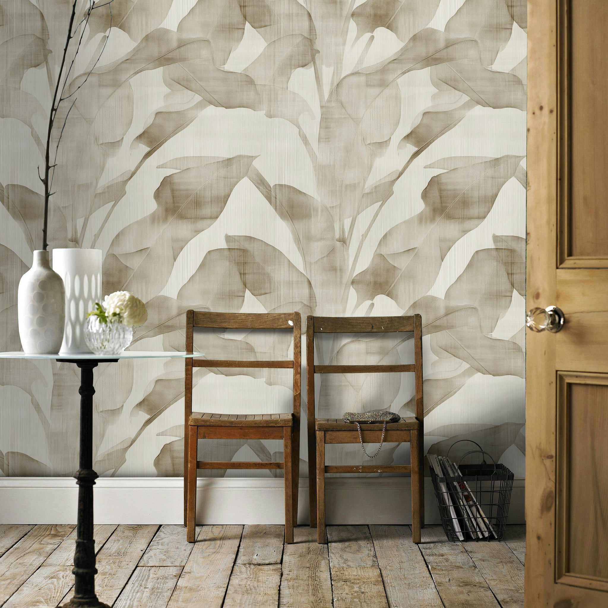 Beige Monochrome Botanical Leaf Wallpaper