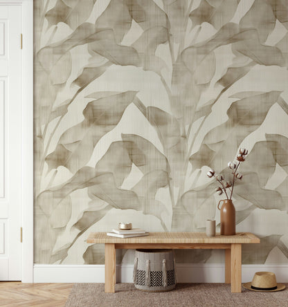 Beige Monochrome Botanical Leaf Wallpaper