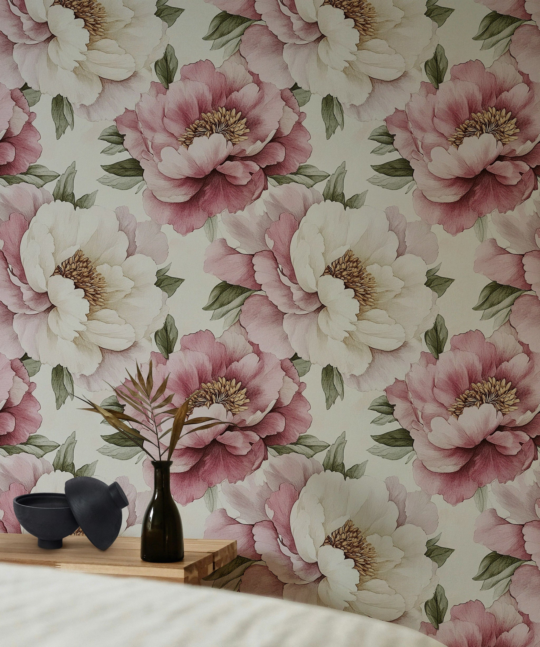 Cream and Blush Pink Peony Floral Wallpaper