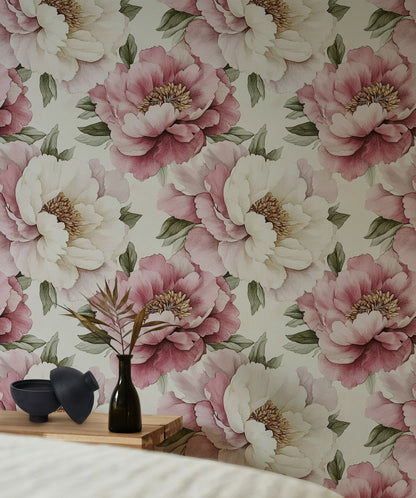 Cream and Blush Pink Peony Floral Wallpaper