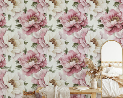 Cream and Blush Pink Peony Floral Wallpaper