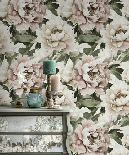 Beige and Green Peony Floral Wallpaper