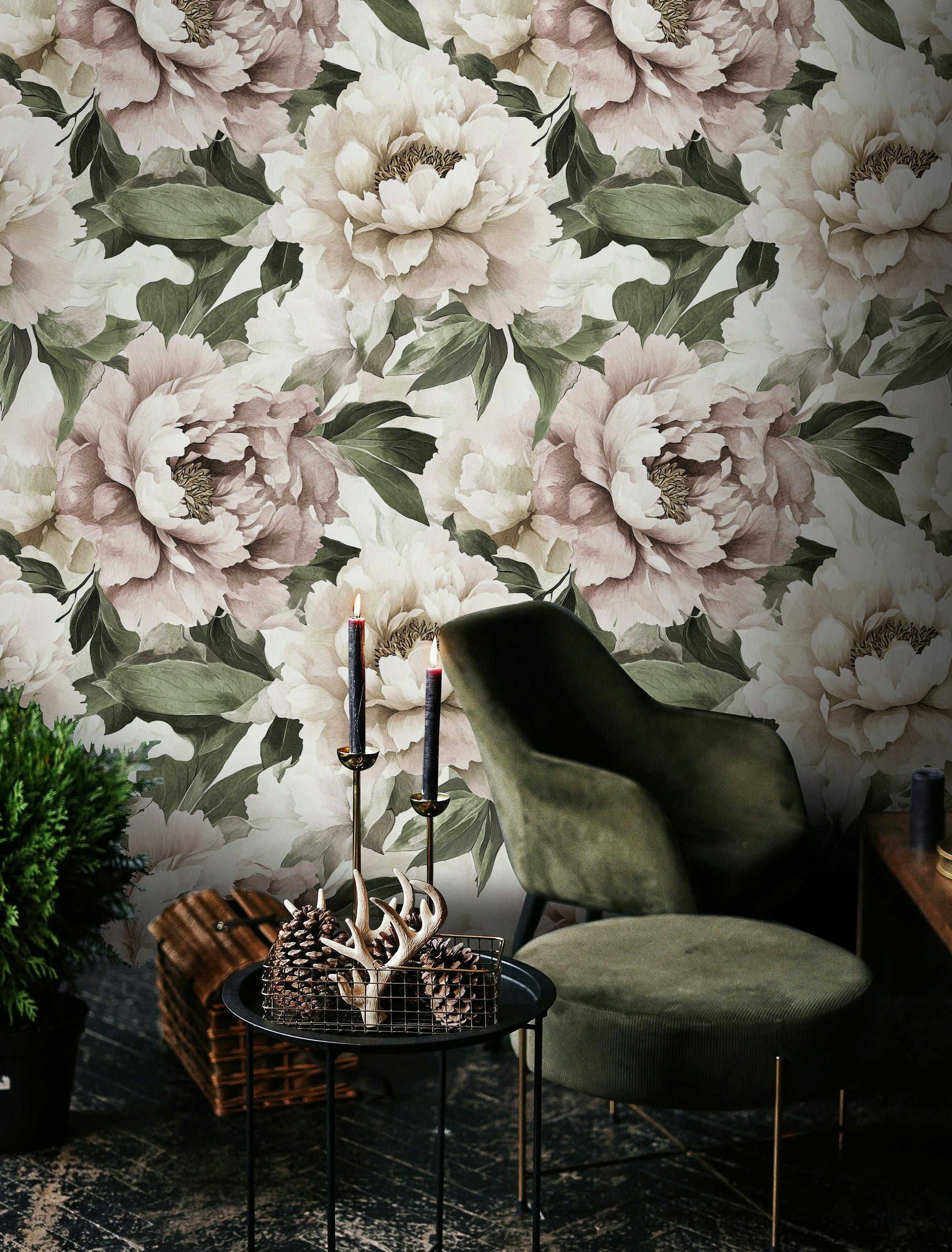 Beige and Green Peony Floral Wallpaper