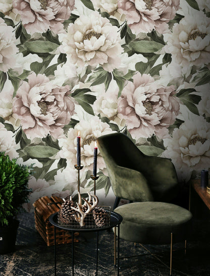 Beige and Green Peony Floral Wallpaper