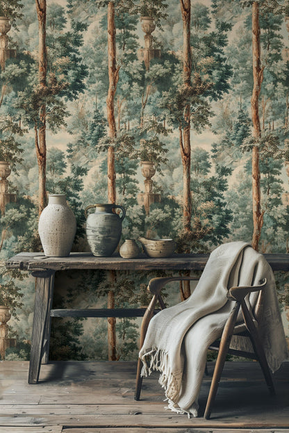 Beige and Green Forest Landscape Wallpaper