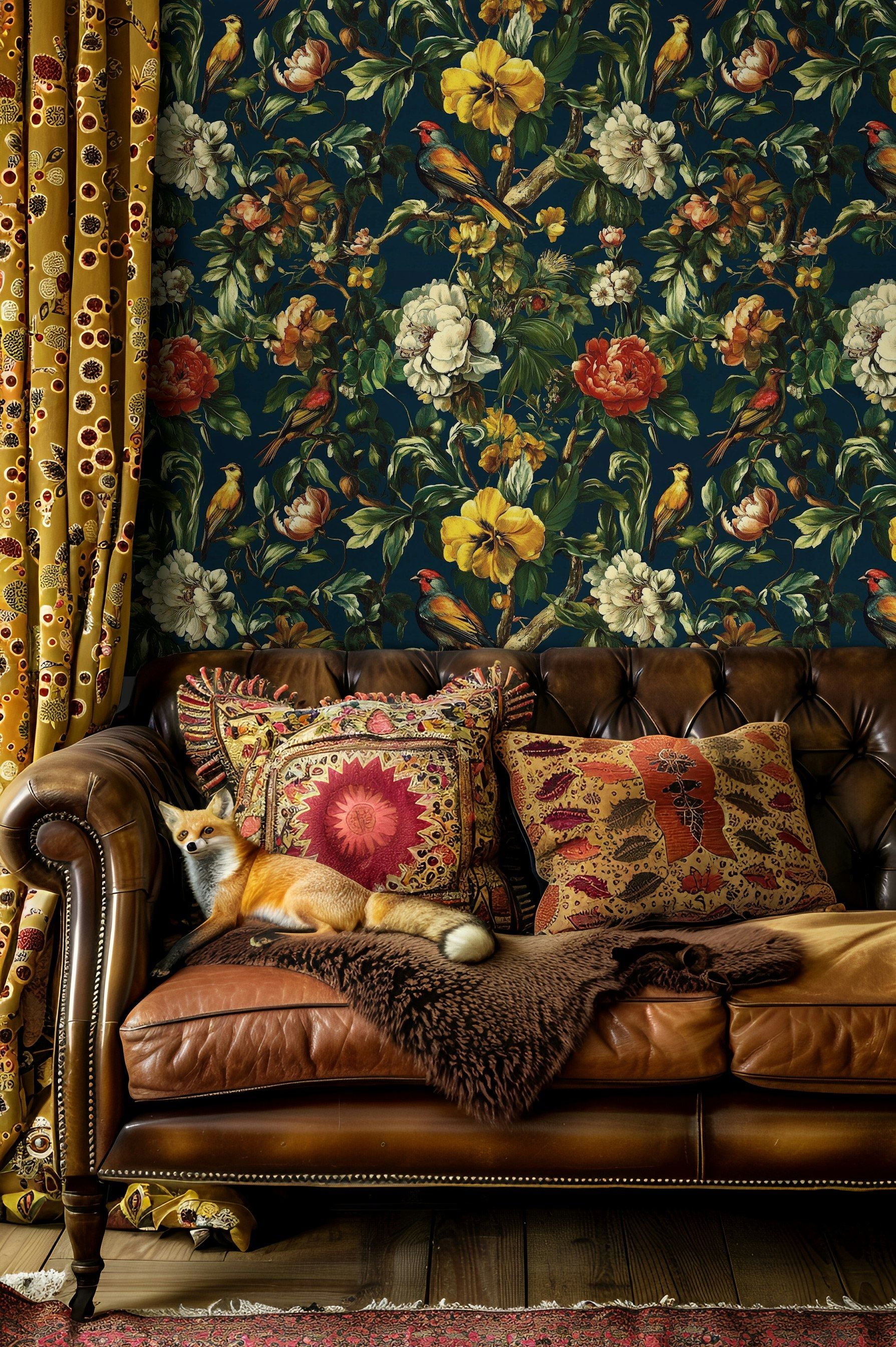 Deep Black Vintage Floral and Birds Wallpaper